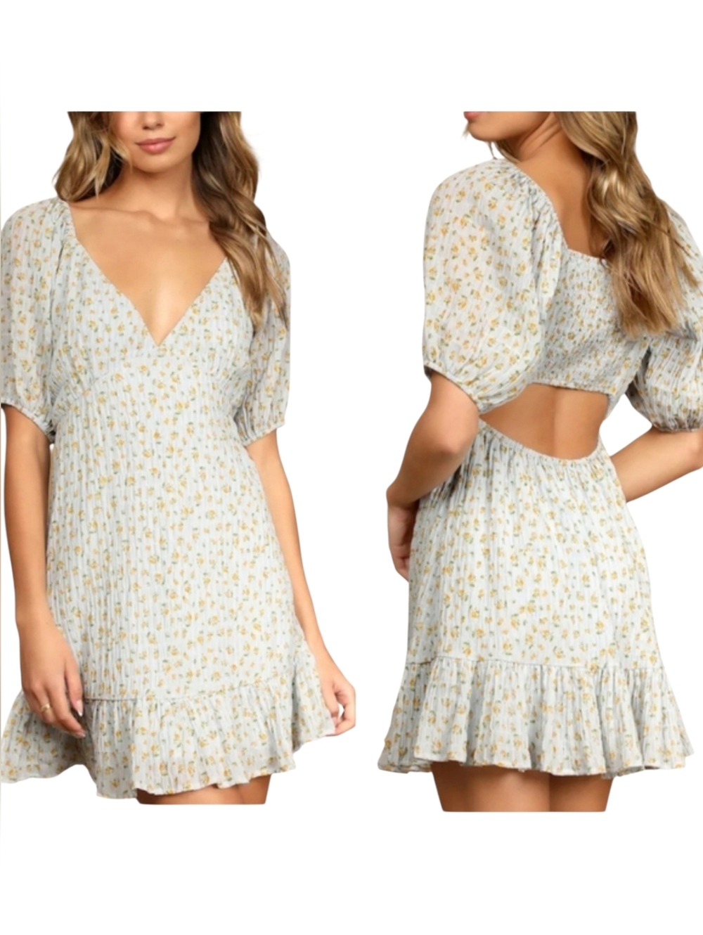 Lulus Flirtatious Fit Light Blue Floral Puff Sleeve Cottagecore Mini Dress Sz XS